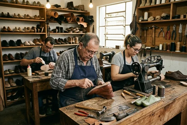 Equipe de sapateiro em Jaú com várias ferramentas de conserto expostas.