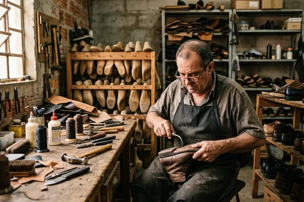 Profissional de sapateiro em Jaú trabalhando em um calçado com ferramentas especializadas.